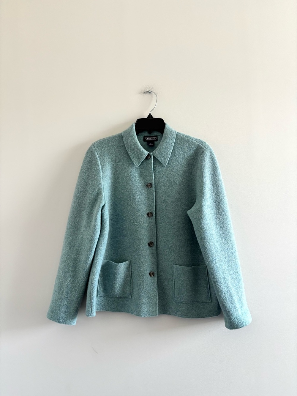 Vintage Lands End Jacket Blue Wool Pockets Collared Womens 10 Preppy Cottage 90s